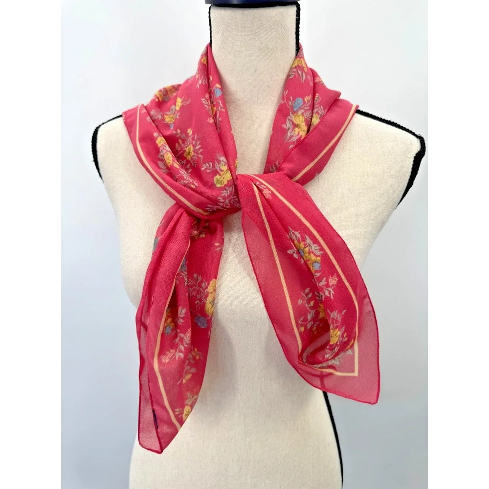 Vintage Dainty Floral Pink Silk Chiffon Large Square Scarf Head Wrap 31.5